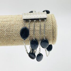 Multi Strand Silver Tone Bracelet Black Oval Cabochon Beads Statement Layered